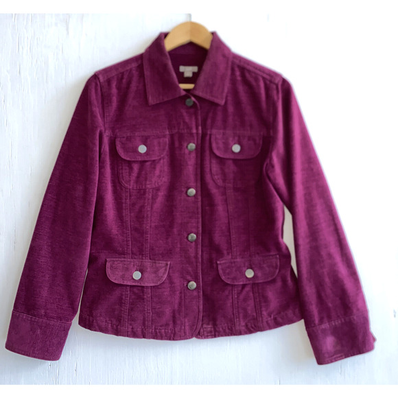 J JILL Burgundy Velvet Button up Casual Jacket Pockets Size S - Picture 1 of 4